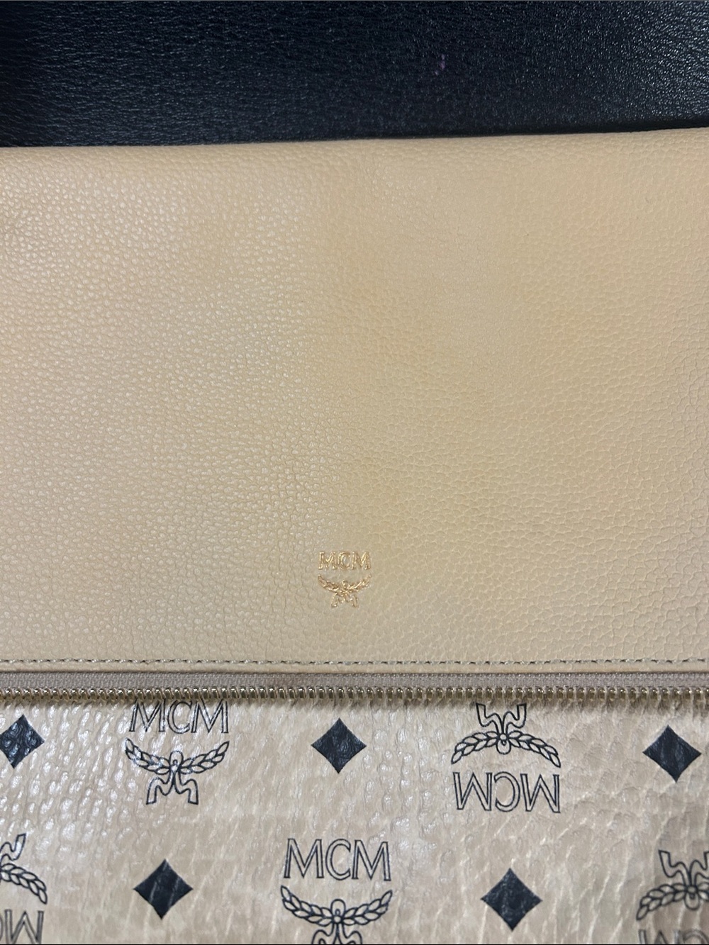 MCM Beige & Black Logo-Print Shoulder Bag